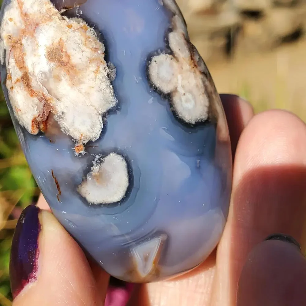 Blue Flower Blossom Agate Translucent Palmstone Crystal 66 grams